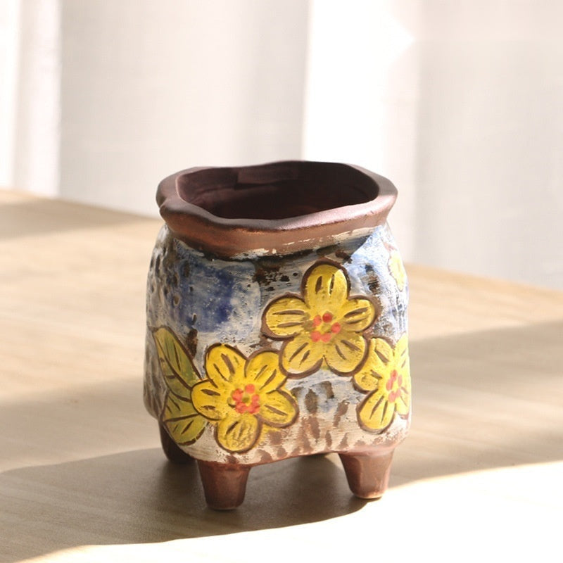 The Carved Ceramic Planter — Hand-Painted Succulent Pot