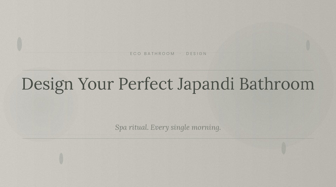 Clean Japandi bathroom with bamboo bath mat, ceramic soap dispenser and natural stone accessories — TerraNest Studio Eco Bathroom