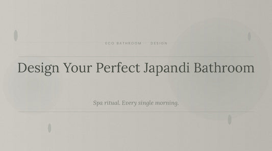 Clean Japandi bathroom with bamboo bath mat, ceramic soap dispenser and natural stone accessories — TerraNest Studio Eco Bathroom