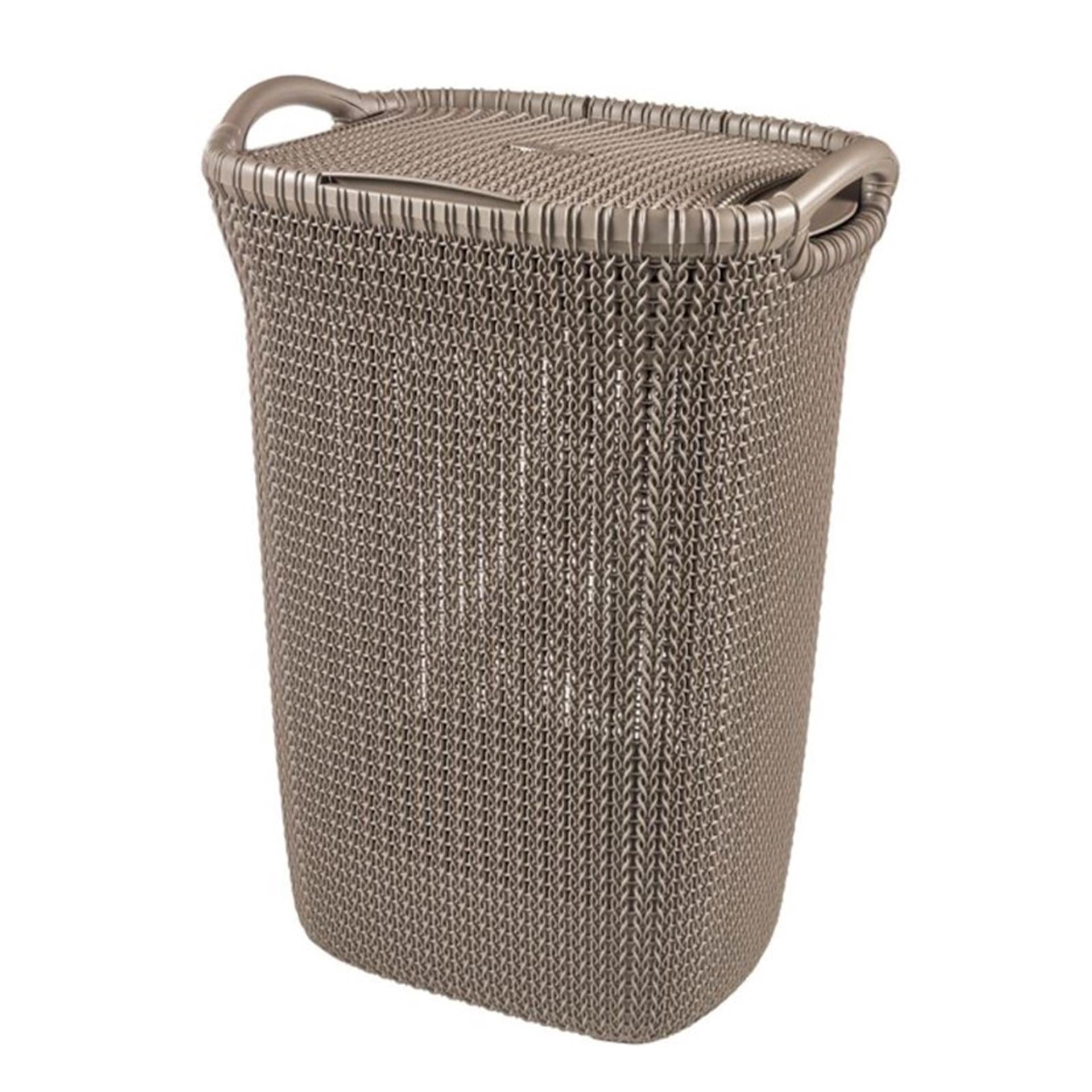 Curver knit laundry box 57 liters brown, placed on a bathroom shelf with folded towels in the background