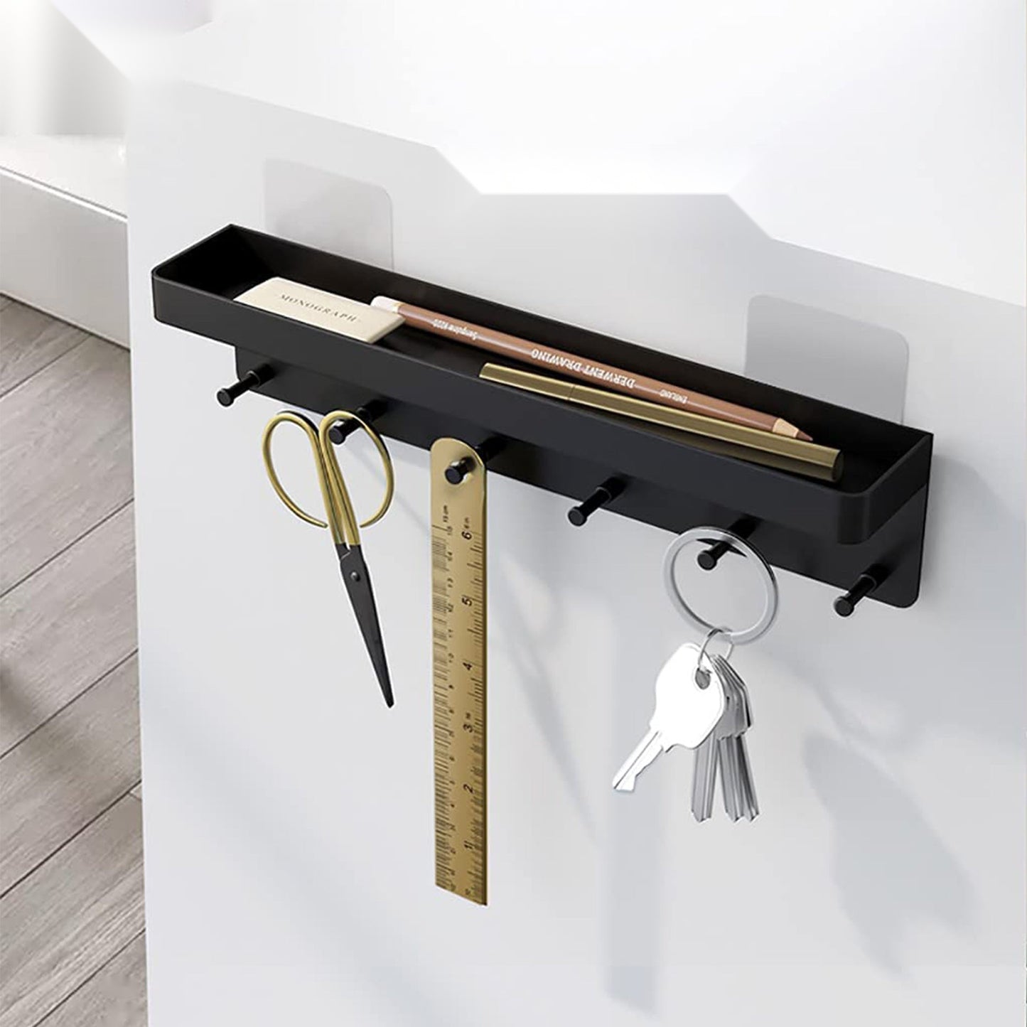 The Wall Key Holder — Stainless Steel Shelf & Hook Rack, Matte Black