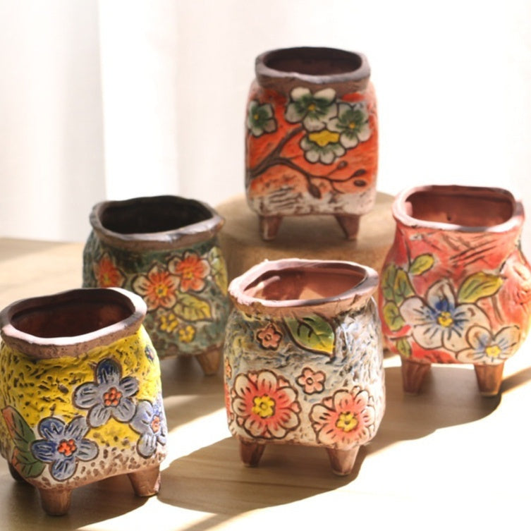 The Carved Ceramic Planter — Hand-Painted Succulent Pot