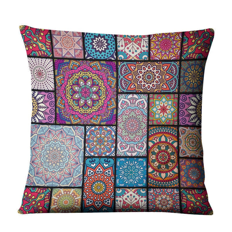 The Linen Cushion Cover — Mandala Patchwork Print, 45×45cm