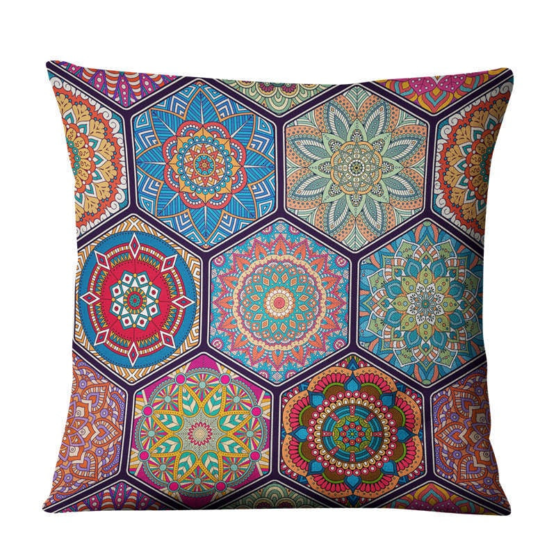 The Linen Cushion Cover — Mandala Patchwork Print, 45×45cm