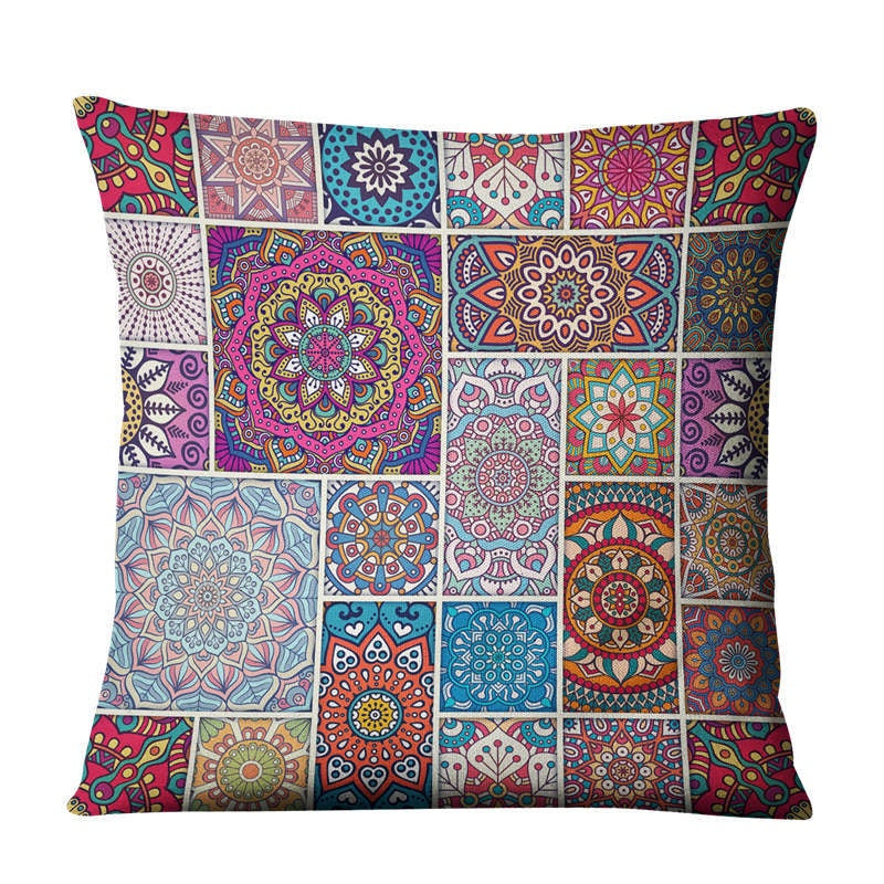 The Linen Cushion Cover — Mandala Patchwork Print, 45×45cm