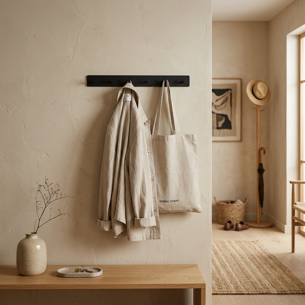 Minimalist Aluminum Wall Hooks in a Japandi Entryway