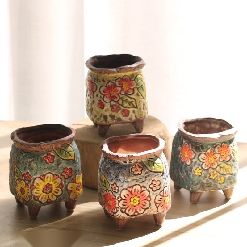 The Carved Ceramic Planter — Hand-Painted Succulent Pot