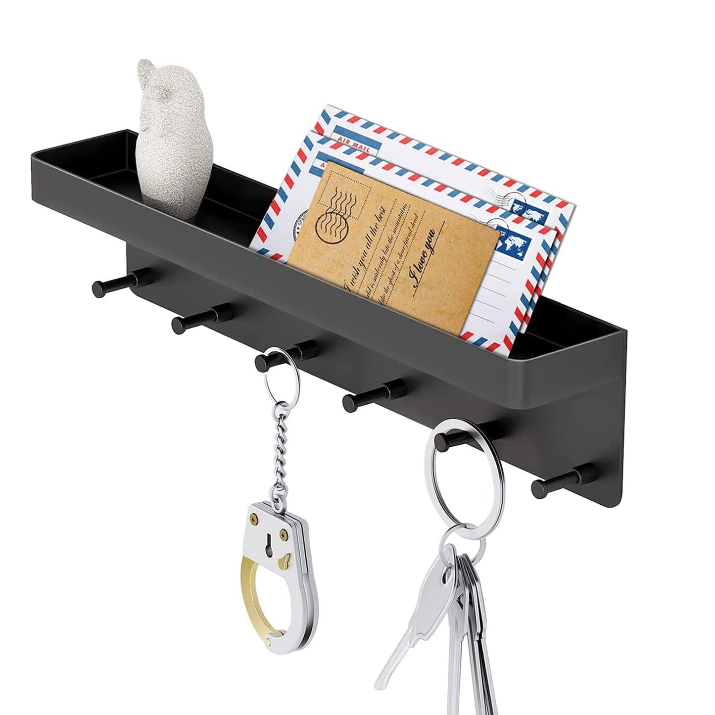 The Wall Key Holder — Stainless Steel Shelf & Hook Rack, Matte Black
