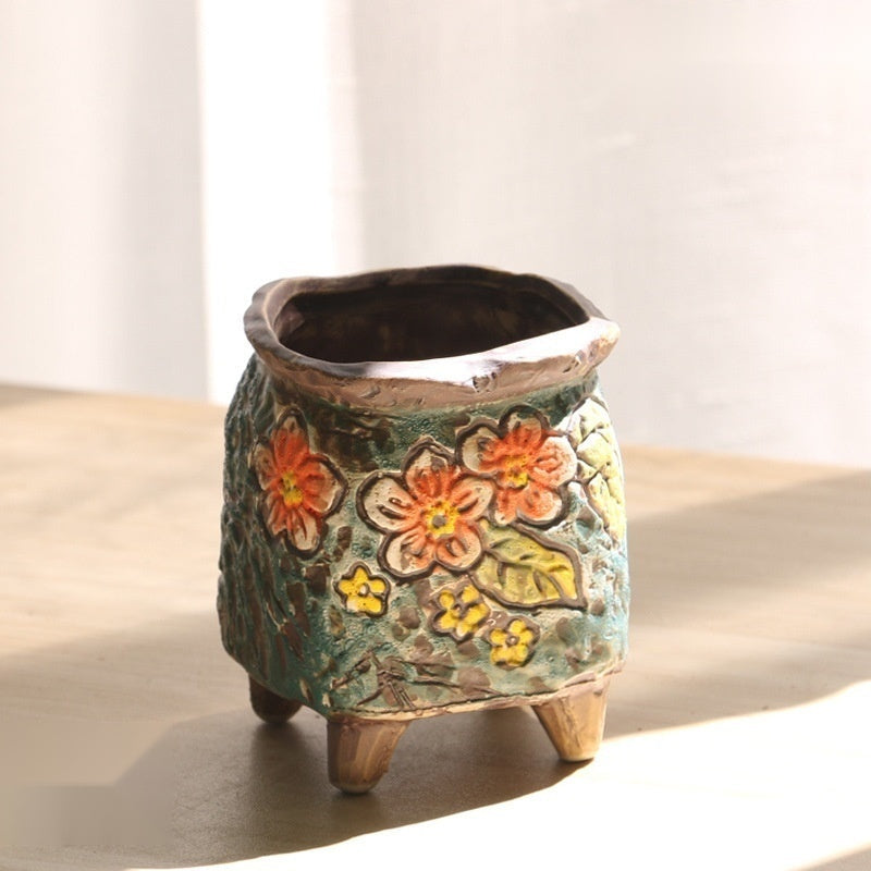 The Carved Ceramic Planter — Hand-Painted Succulent Pot