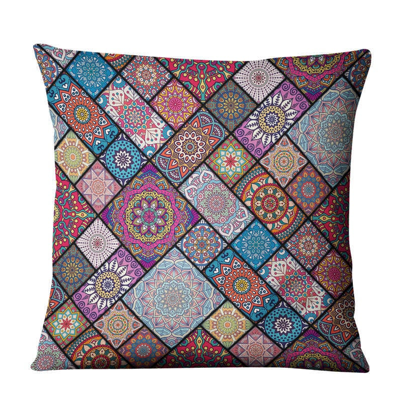 The Linen Cushion Cover — Mandala Patchwork Print, 45×45cm