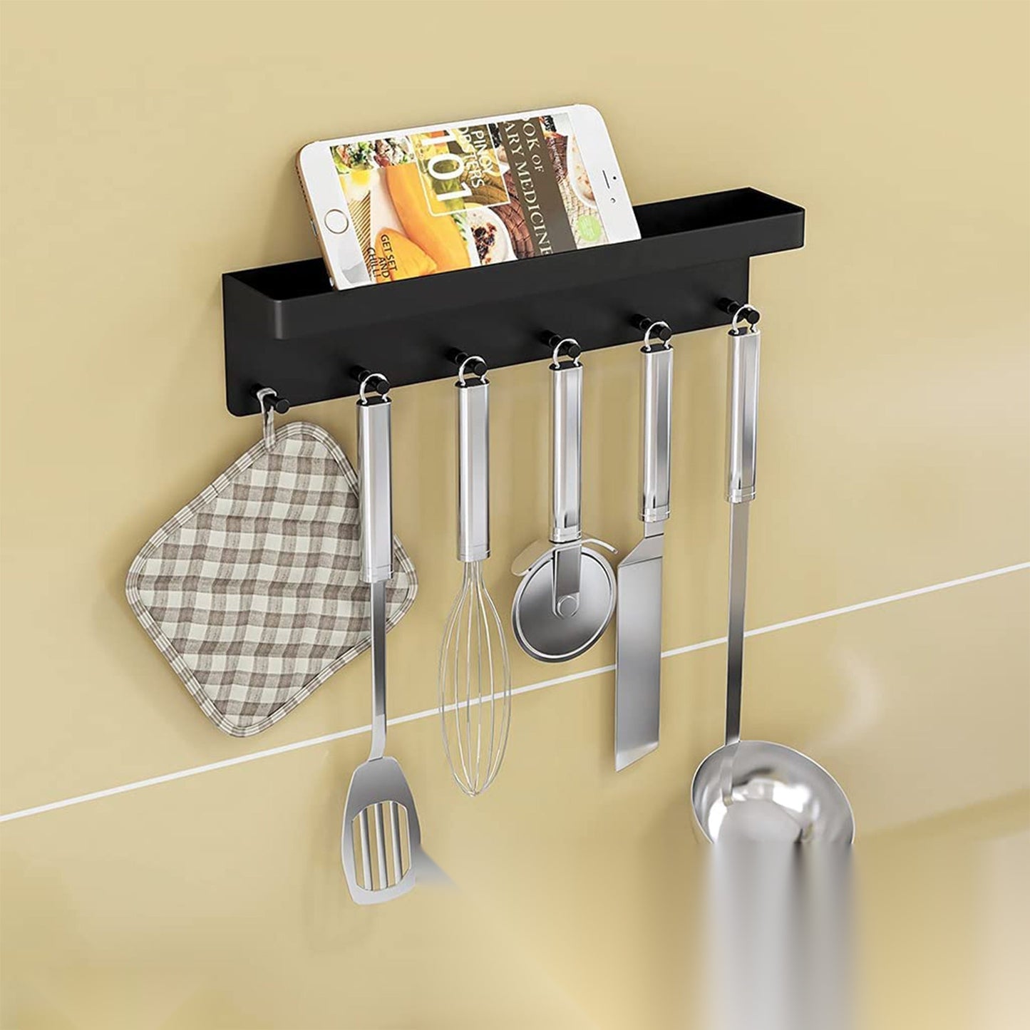 The Wall Key Holder — Stainless Steel Shelf & Hook Rack, Matte Black