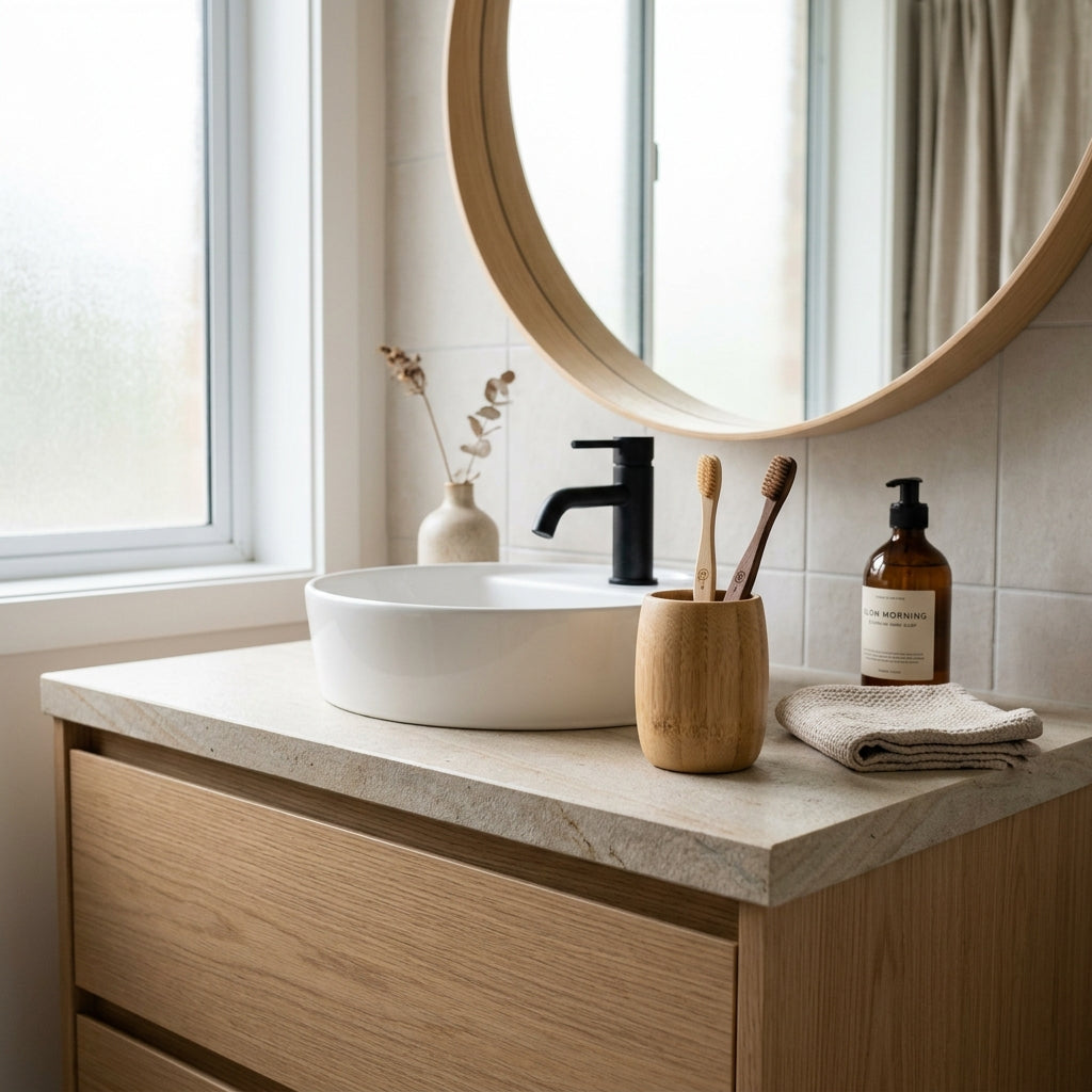 Organic Bamboo Toothbrush Cup on a Japandi bathroom vanity