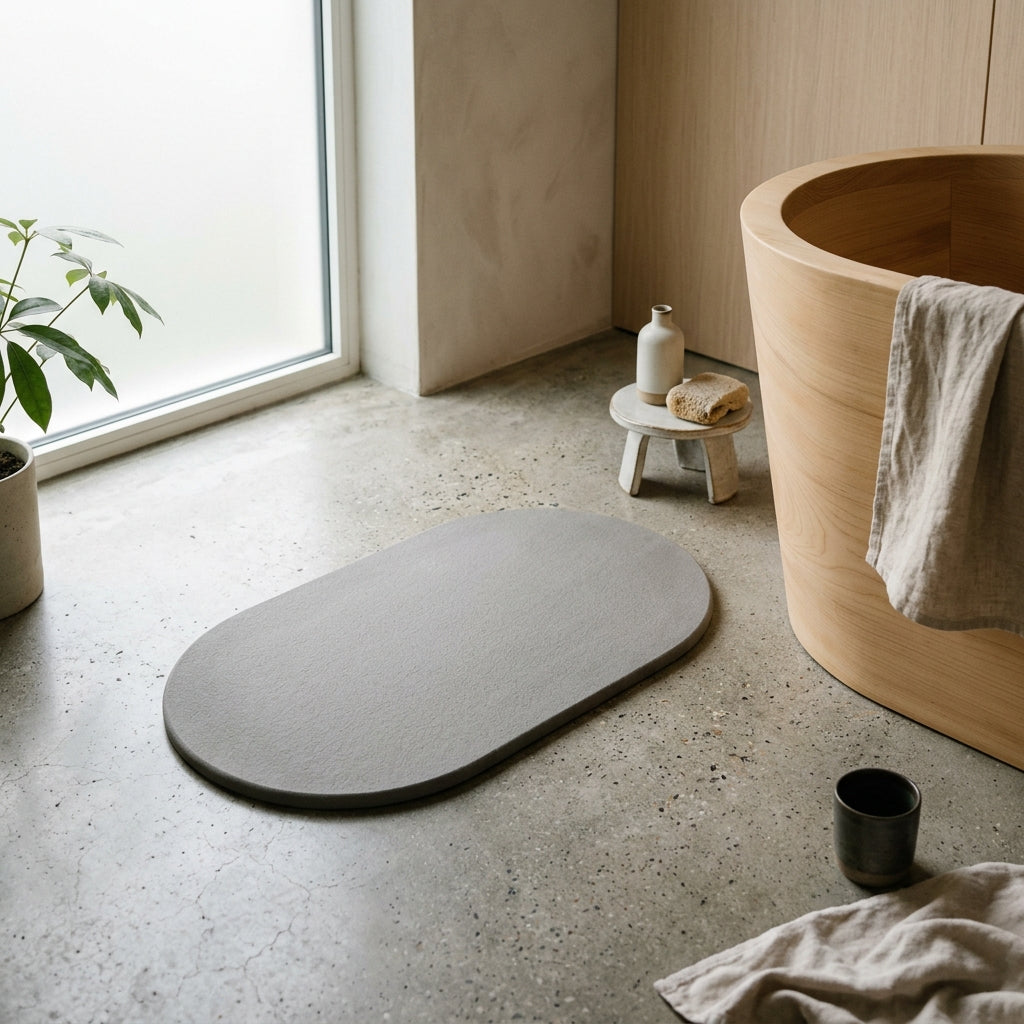Minimalist Stone Gray Diatomaceous Earth Bath Mat on Japandi bathroom floor