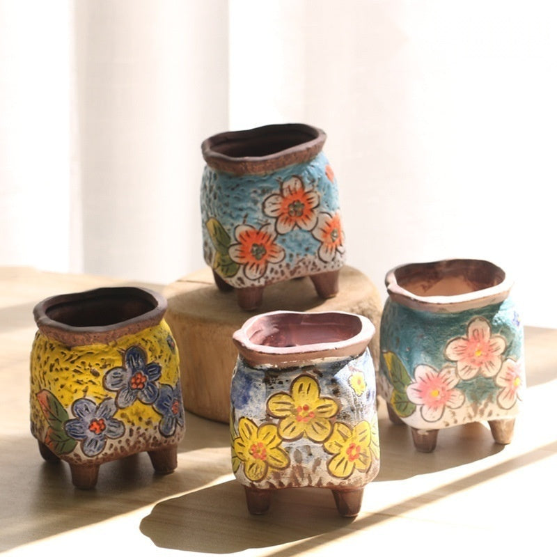 The Carved Ceramic Planter — Hand-Painted Succulent Pot