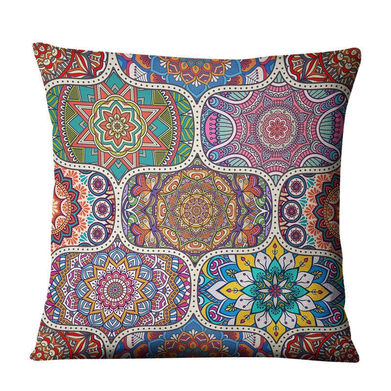 The Linen Cushion Cover — Mandala Patchwork Print, 45×45cm