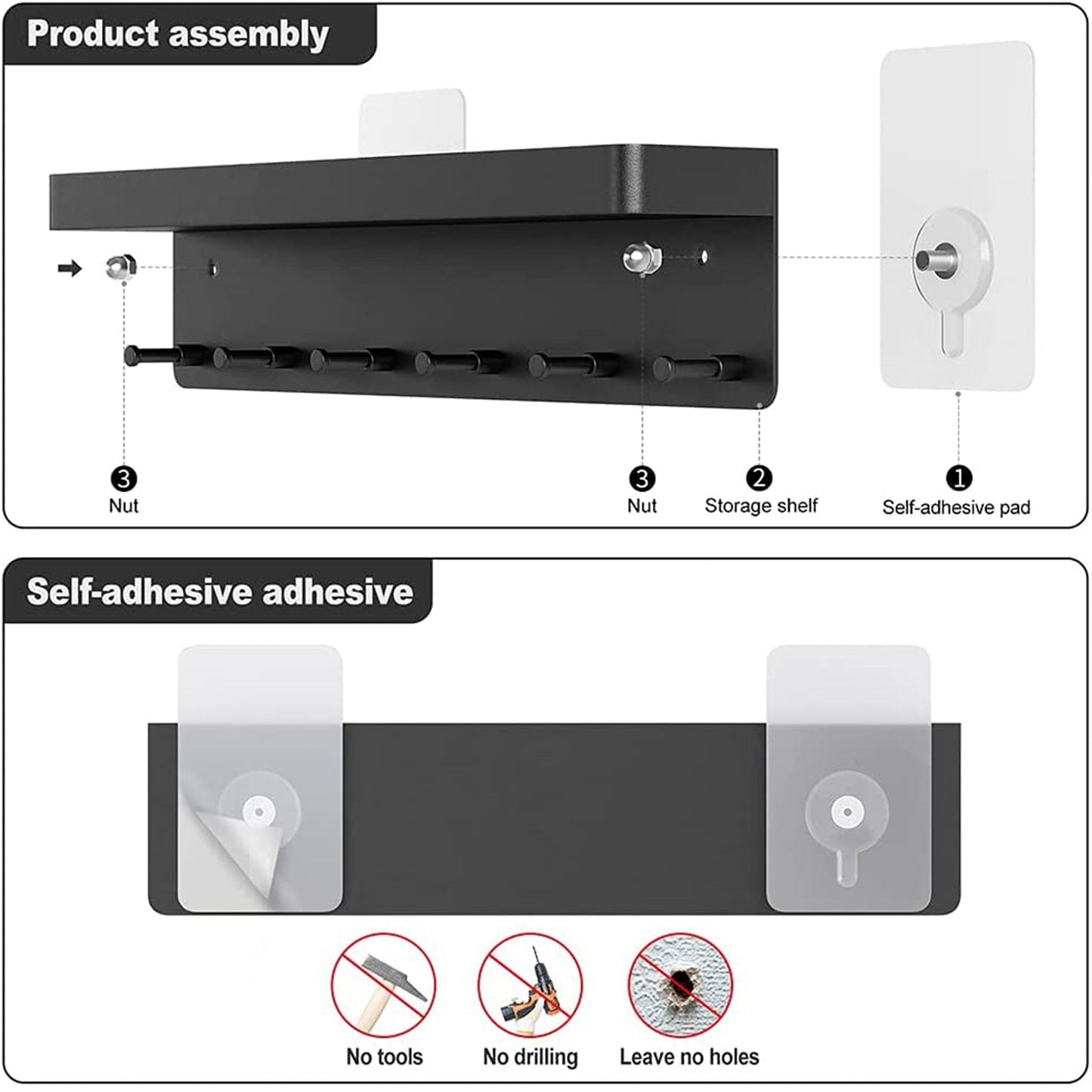 The Wall Key Holder — Stainless Steel Shelf & Hook Rack, Matte Black