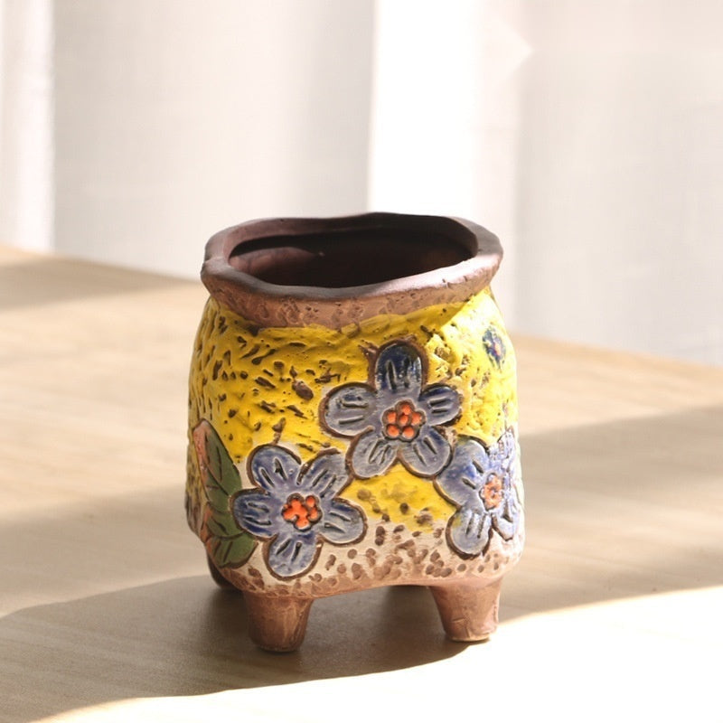 The Carved Ceramic Planter — Hand-Painted Succulent Pot
