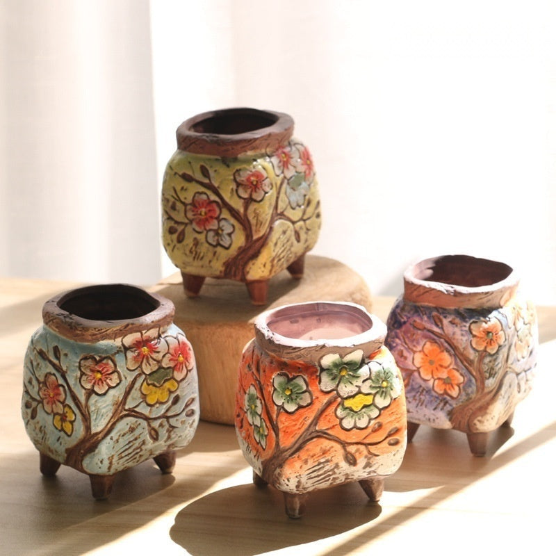 The Carved Ceramic Planter — Hand-Painted Succulent Pot