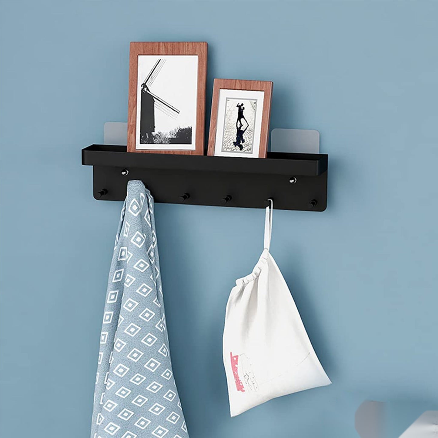 The Wall Key Holder — Stainless Steel Shelf & Hook Rack, Matte Black
