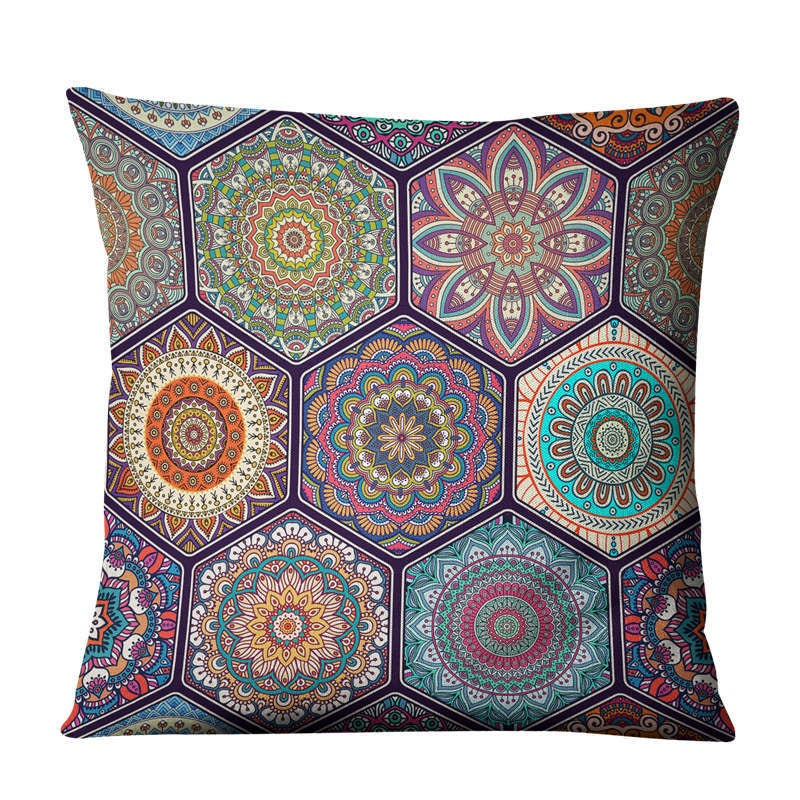 The Linen Cushion Cover — Mandala Patchwork Print, 45×45cm