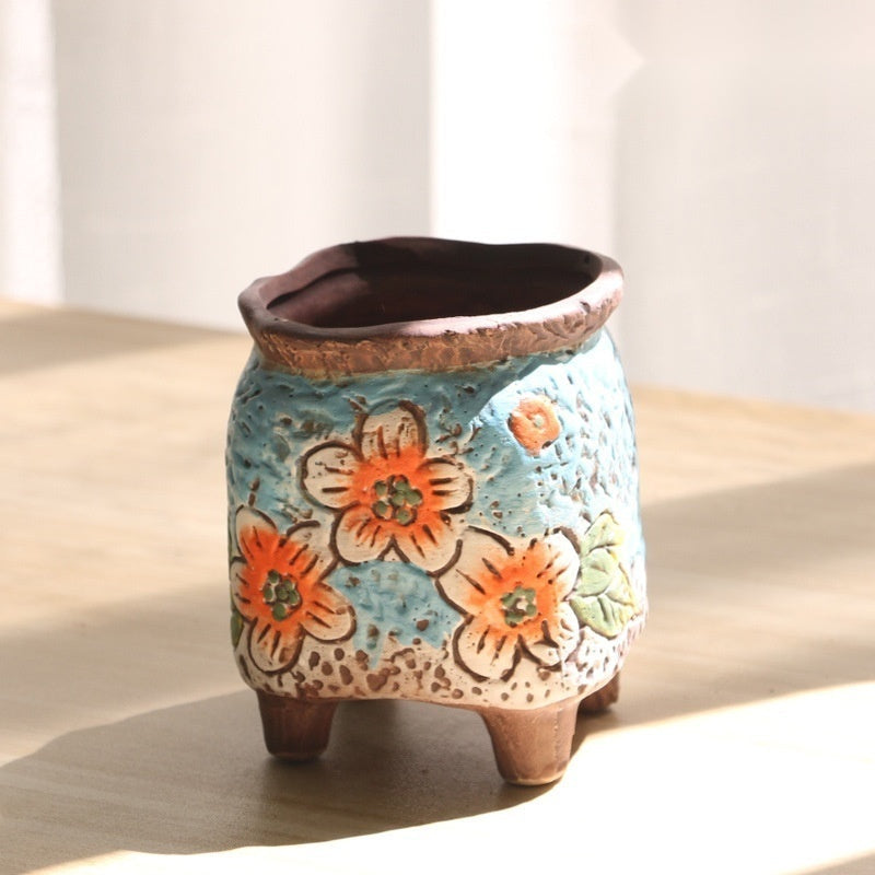 The Carved Ceramic Planter — Hand-Painted Succulent Pot