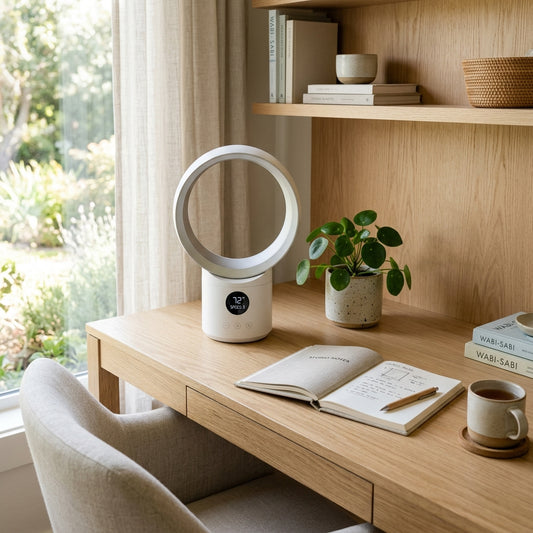 Minimalist Bladeless Breeze Cooler on a Japandi light oak desk