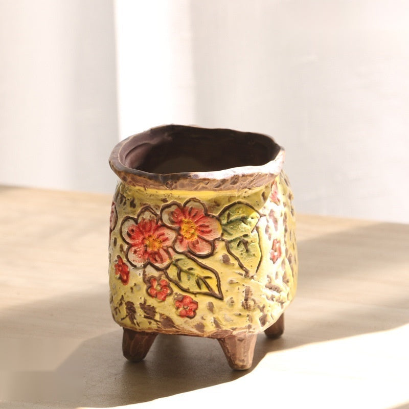 The Carved Ceramic Planter — Hand-Painted Succulent Pot