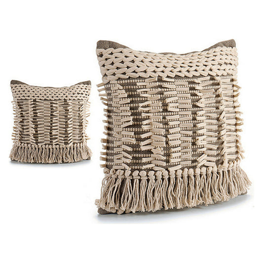 Grey cushion with fringe detail on a grey sofa, styled in a minimalist Japandi-inspired living room, part of the Cushion Gift Decor Grey