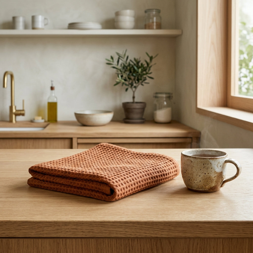 Organic Cotton Waffle Towel on a Japandi kitchen counter