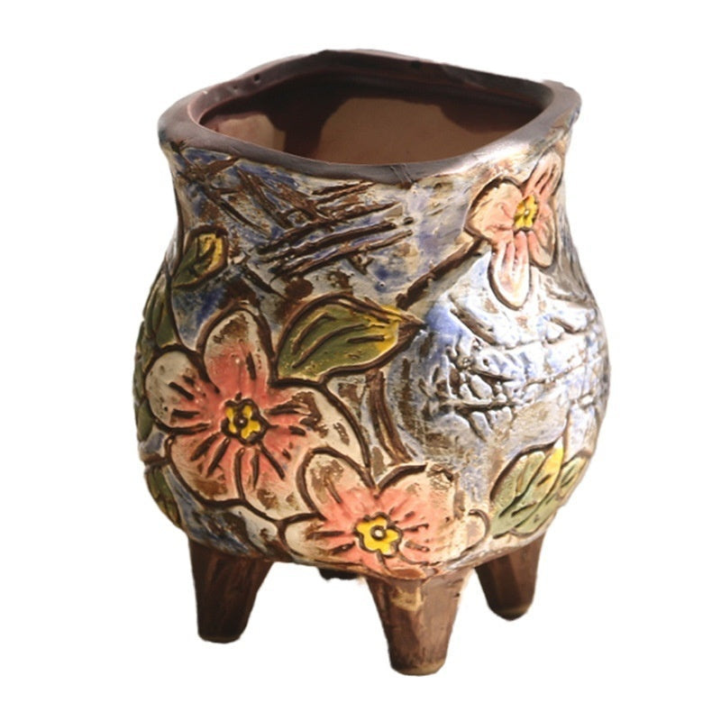 The Carved Ceramic Planter — Hand-Painted Succulent Pot