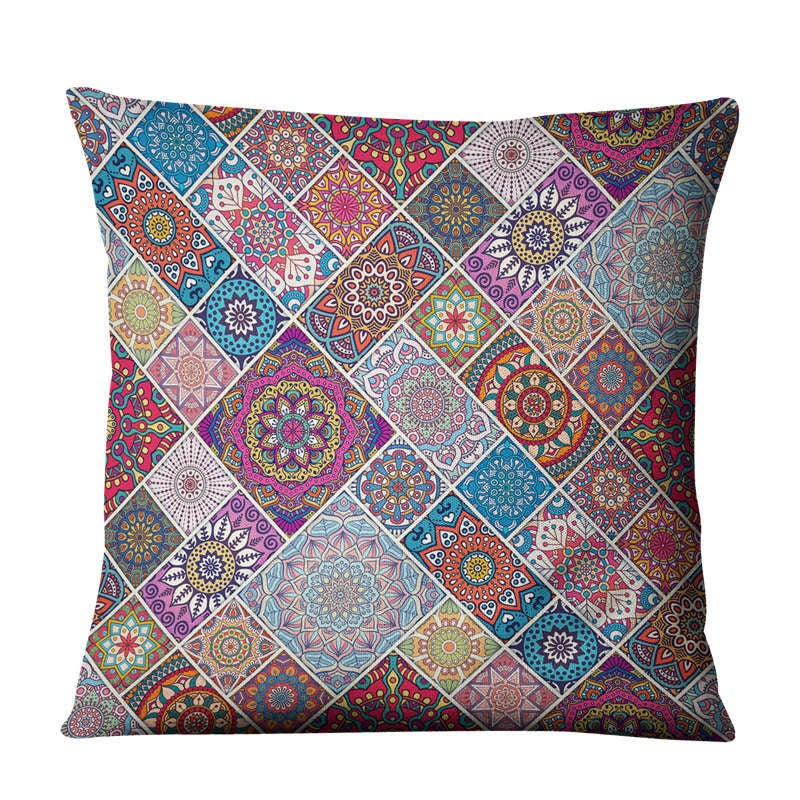 The Linen Cushion Cover — Mandala Patchwork Print, 45×45cm