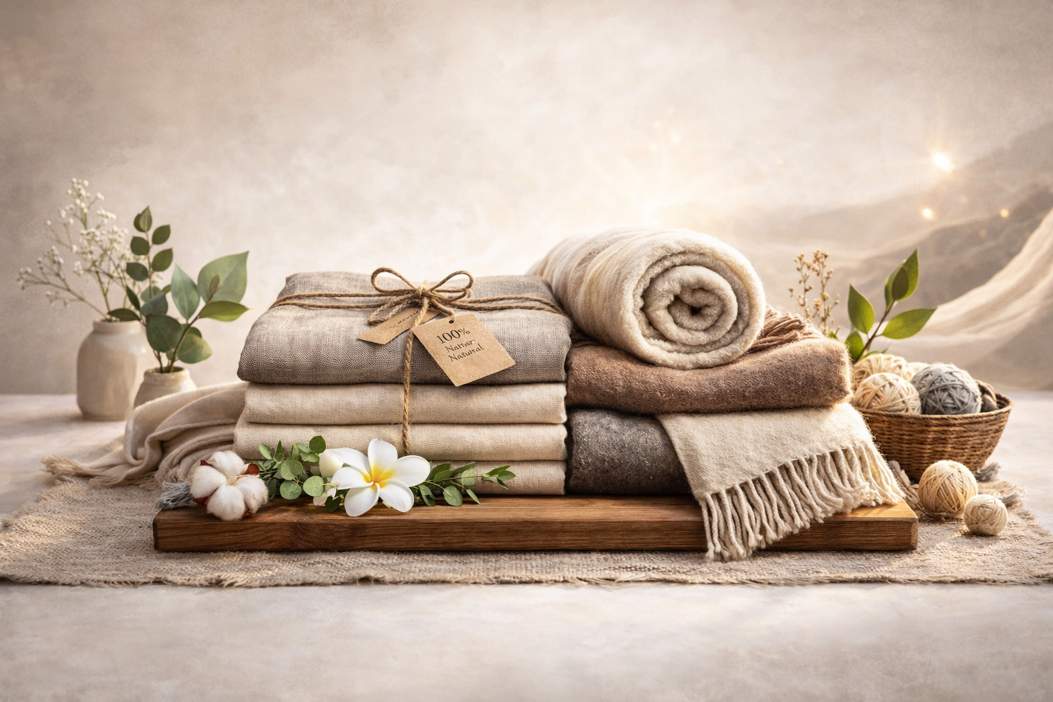 The The Linen and Wool Bundle — Natural Fibre Duo in a calm, neutral living room setting, styled with natural wood furniture.
