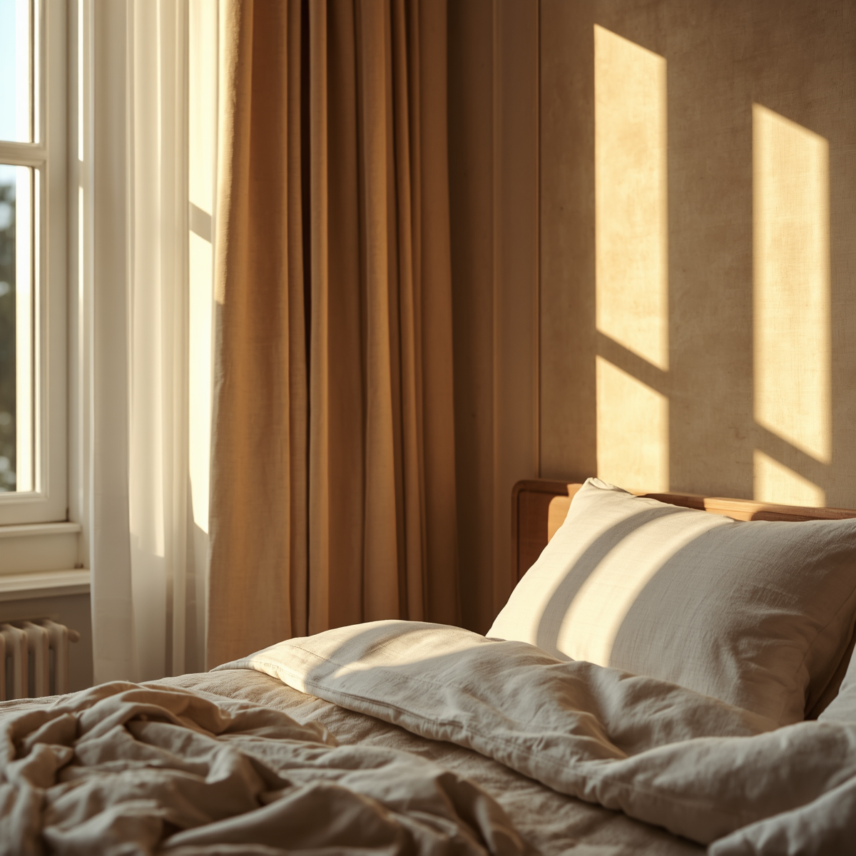 Sunlit Scandinavian minimalist bedroom with luxurious linen bedding by TerraNest Studio.