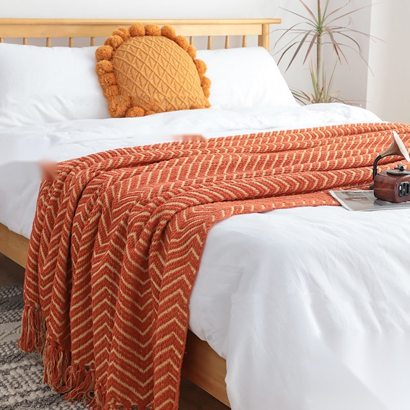 The Golden Wrap — Chenille Knitted Sofa Throw Blanket with Tassels