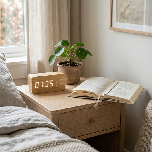 Natural Bamboo Wooden Digital Clock on a Japandi bedside table