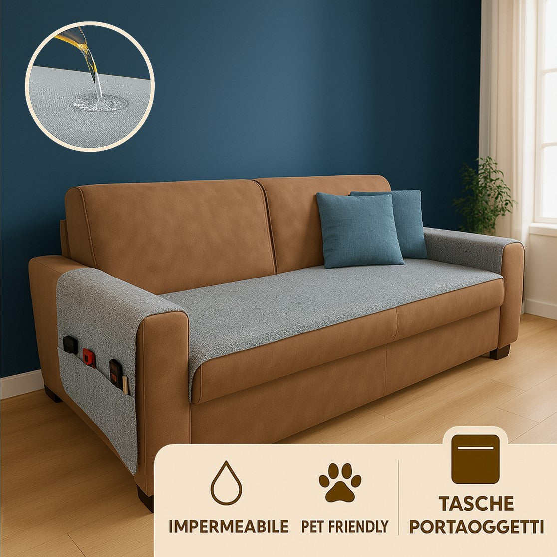 The Armor waterproof sofa seat runner in grey with armrest covers, on a sofa