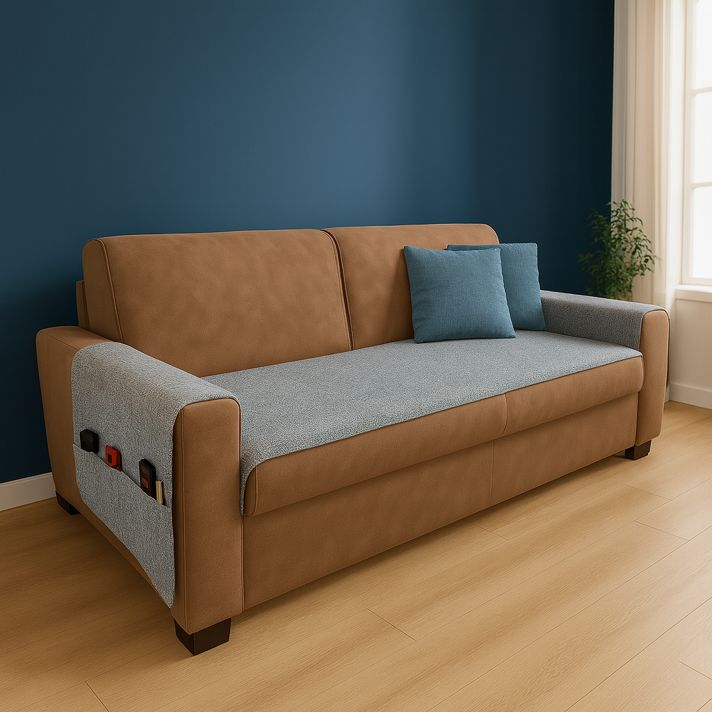 Runner Copriseduta divano Impermeabile con copribraccioli — Matte Grey on a white sofa, with a child playing nearby