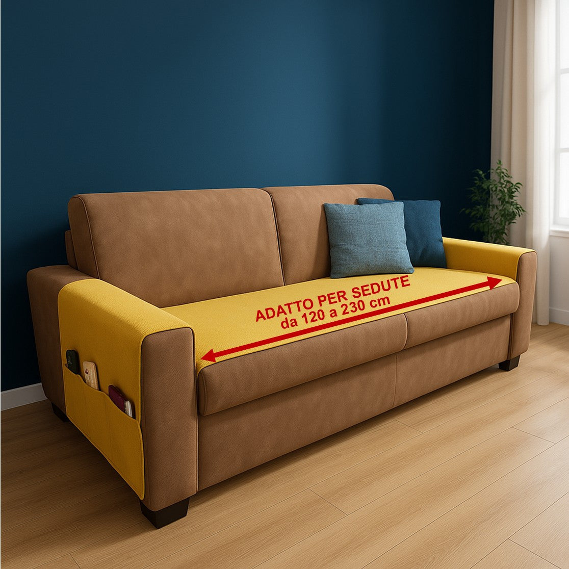 Runner Copriseduta divano Impermeabile con copribraccioli — Matte Grey on a sectional sofa, with a family enjoying a movie night