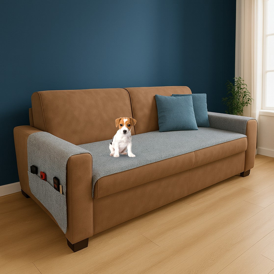 Runner Copriseduta divano Impermeabile con copribraccioli — Matte Grey on a grey sofa, with a cat lounging on the armrest