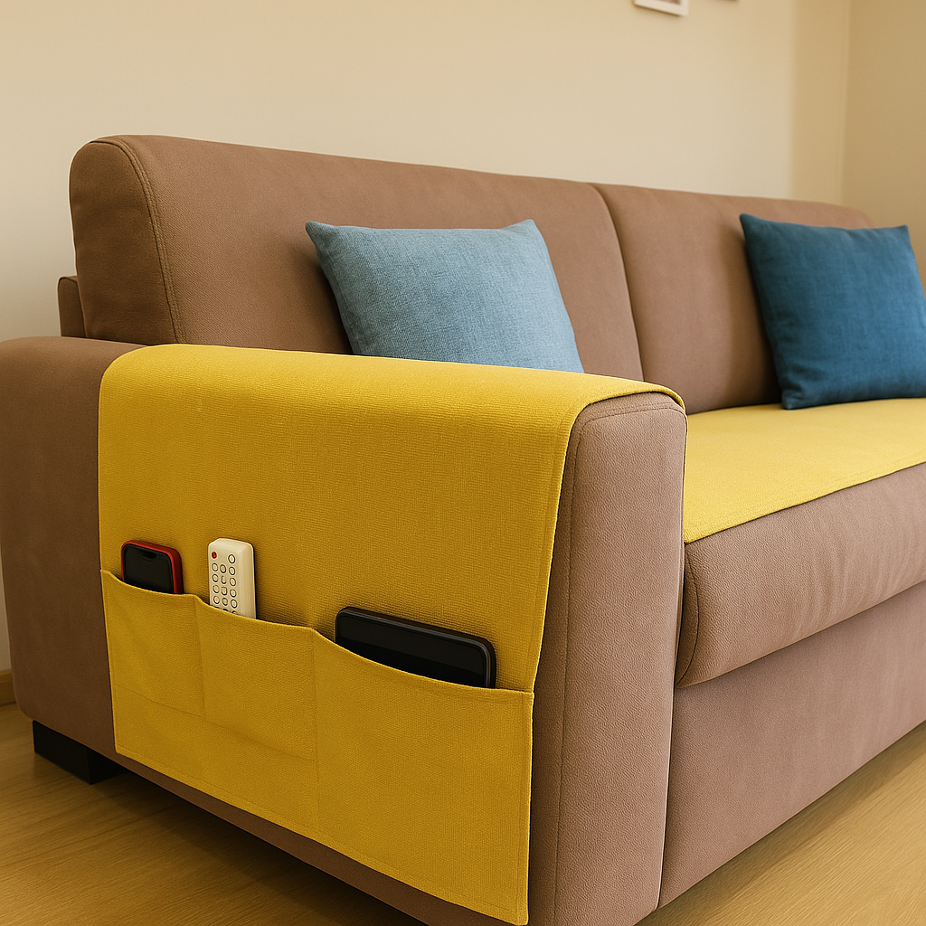 Runner Copriseduta divano Impermeabile con copribraccioli — Matte Grey on a modern living room sofa, with a cityscape outside the window
