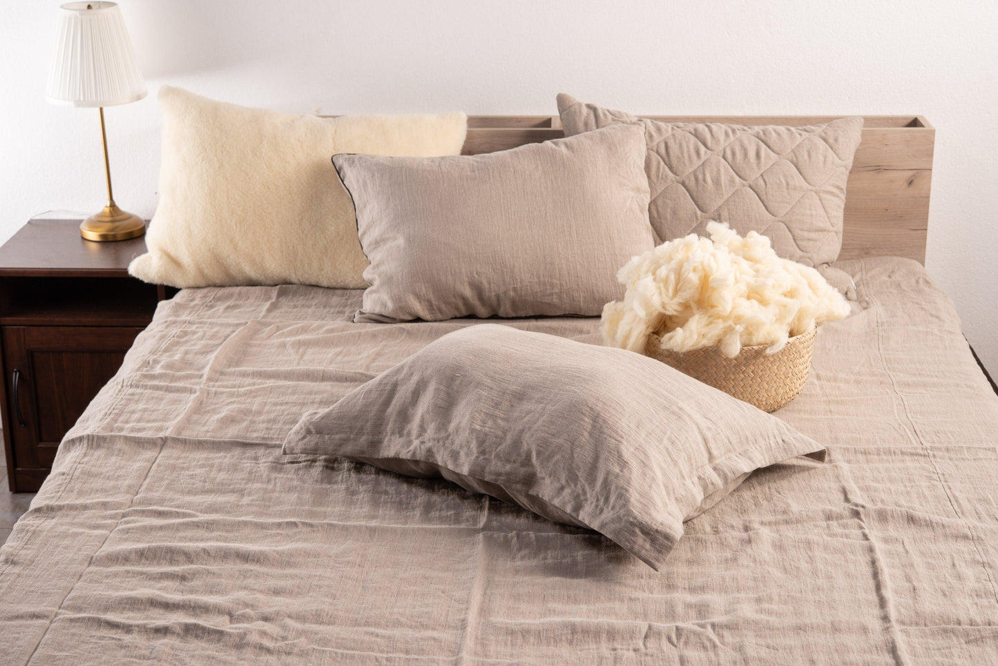 Close-up of raw merino wool filling inside the pillowcase