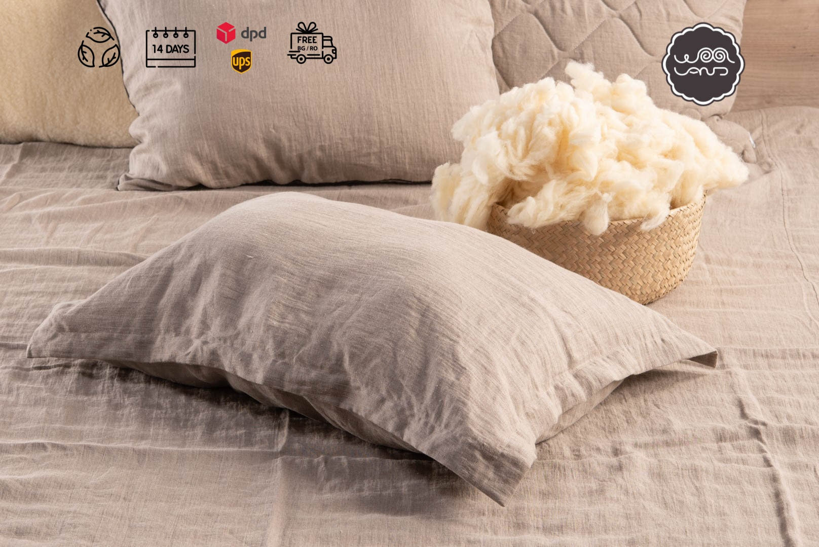 Organic Pillow with Raw Merino Wool Filling on a bed in natural linen case