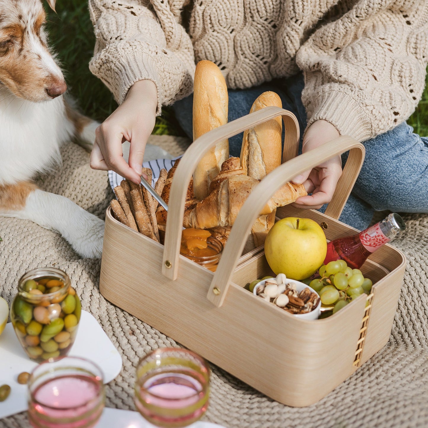 Wooden Basket, Natural Oak with Handles - As a Tray in the Living Room