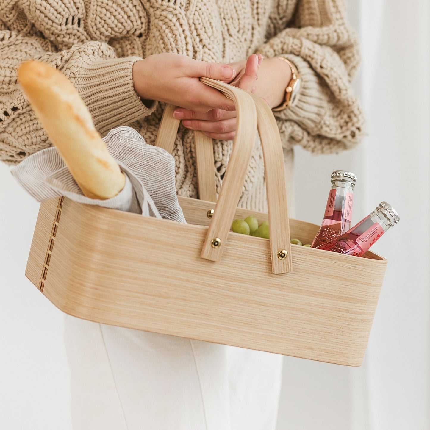 Wooden Basket, Natural Oak with Handles - Side View